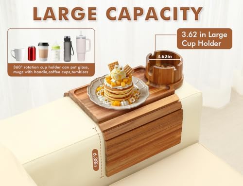 GHKINMAL 2 Packs Sofa Arm Tray with Cup Holder,Fits 6.3"+Arms,Acacia Color - Image 5