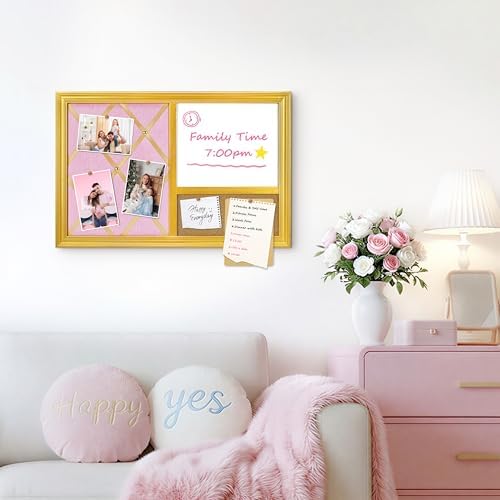 3-1 Memo Bulletin Board Combo,16’’x24’’,Gold Frame Pink Linen Ribbon Photo Board, Magnetic Whiteboard & Corkboard, for Office, Home, Bedroom,School,Dorm Wall Decor - Image 6