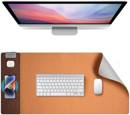 3-in-1 Eco Cork Wireless Charging Mouse Pad, Dual-Sided Fast Charge Mouse Mat, Extra Large Waterproof Office & Makeup Desk Protector, Qi-Certified Desk Pad for iPhone/Samsung/AirPods by Hi-HONX