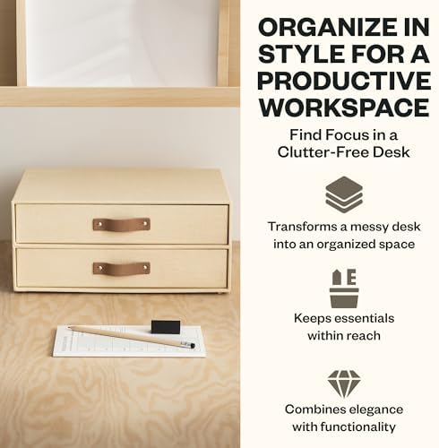 Bigso Birger 2 Drawers - Desktop Drawers for A4 and Letter Size Papers and Documents - Tabletop Drawers with Leather Handles - 13.1 in x 10 in x 5.7 in - Cream - Image 3