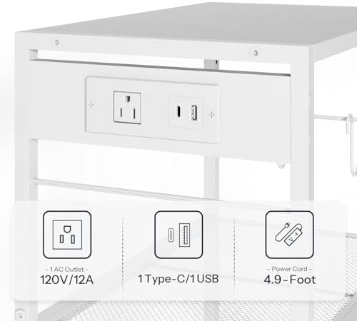 HOOBRO Industrial Printer Stand, 3-Tier Mobile Printer Table, Rolling Cart with Power Outlets and USB Ports, Home Printer Stand with 2 Hooks, for Office, Living Room, White WW22UPS01 - Image 7