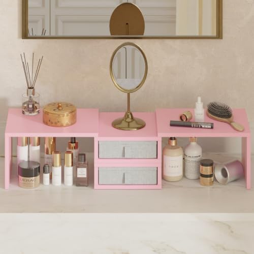 TEAMIX Pink Dual Monitor Stand Riser with 2 Drawers - Length and Angle Adjustable Double Corner Desk Shelf Organizer 37 inch for 2 Laptop/PC/Screen/TV (2 Drawers - 8''H) - Image 6