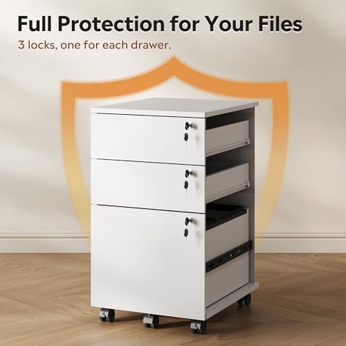 DEVAISE 3 Drawer Wood File Cabinet with Individual Locks, White - Image 6