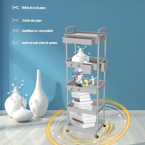 5 Tier Rolling Utility Cart with Drawer,REBECAT Utility Cart Made of Multifunctional Storage Organizer Tool for Kitchen,Bathroom,Living Room,Office(Gray) - Image 3