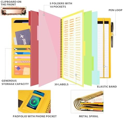 Ospelelf Clipboard with Storage for Men Women, Leather Padfolio Portfolio Organizer 5 Folders with 10 Pockets, Spiral Clipboard Folio with Notepad for Letter Size, Elastic Closure and Pen Loop Floral - Image 2