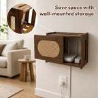 Wooden Wi-Fi Router Box Hider, Rattan Door, Standard Wall Mountable Decorative Modem Shelf, Fits Routers Up to 11" Tall, Power Strip Cable Organizer Rack - Dark Wood Grain - Image 4