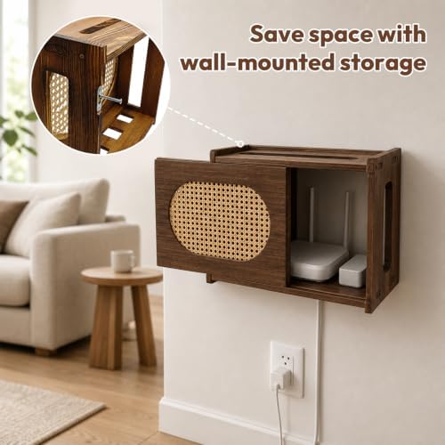 Wooden Wi-Fi Router Box Hider, Rattan Door, Standard Wall Mountable Decorative Modem Shelf, Fits Routers Up to 11" Tall, Power Strip Cable Organizer Rack - Dark Wood Grain - Image 4