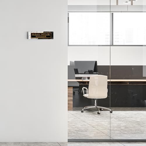 Artblox Personalized Office Desk Name Plate and Business Card Holder | Clear Acrylic Glass with Teak Wood Stand | Black White Marble Design Customized with Your Name and Credentials Office Desk Decor - Image 5