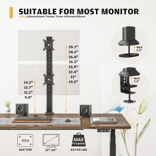 HEMUDU Dual Monitor Articulating Desk Mount Arm Stand - Vertical Stack Screen Supports Two 13 to 34 Inch Computer Monitors with C Clamp - Image 6