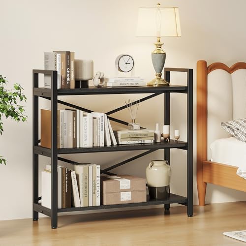 Homeiju 3 Tier Bookshelf 31.49" Width, Wood and Metal Etagere Bookcase, Vintage Farmhouse Modern Wooden Big Book Shelf for Home Living Room Bedroom Office Storage(Black) - Image 4