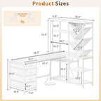 58" White L Shaped Desk with Bookshelf and 3 Drawers for Home Office - Image 2