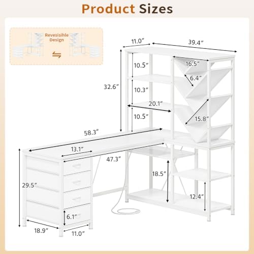 58" White L Shaped Desk with Bookshelf and 3 Drawers for Home Office - Image 2