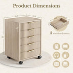 5 Drawer Chest, Under Desk Storage Wood Drawers with Wheels, Fluted File Cabinet for Home Office, Light Oak - Image 2