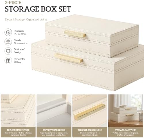 Decorative Storage Boxes with Lids, Set of 2 PU Leather Organizer Boxes - Image 4