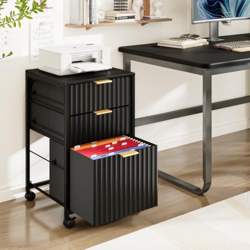 VINGLI 3 Drawer Fluted File Cabinet, Rolling File Cabinet Mobile Under Desk File Cabinet with Wheels, Fabric Drawers Printer Stand for Home Office, Fits Letter Size, Black - Image 2