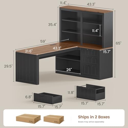 SEDETA Farmhouse L Shaped Computer Desk, 59'' Wood Office Desk with 3 Drawers and 5-Tier Bookshelf, Corner Desk with Storage Shelves and Power Outlet for Home Office Small Space, Black + Brown - Image 2
