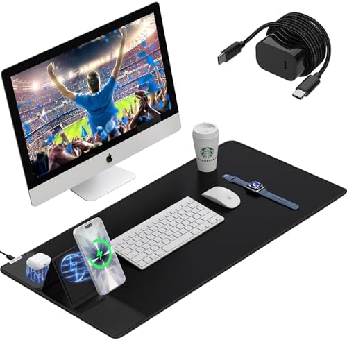 Wireless Charging Mouse Pad with Foldable Phone Holder, 15W Magnetic Fast Charging for iPhone Samsung, 31.5"x15.75" Large Desk Mat for Laptop/Keyboard, Waterproof Gaming Mousepad with Non-Slip Base by miroddi