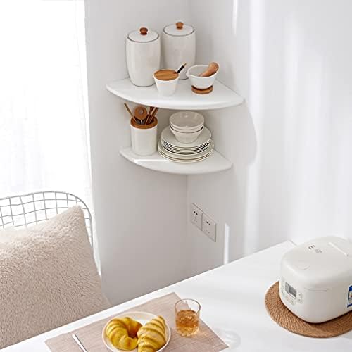 Corner Shelf, White Solid Oak Wood Floating Corner Shelf Wall Mount Round End Floating Speaker Shelf Display Shelf for Small Plant Photo Frame (White, 16in) - Image 2