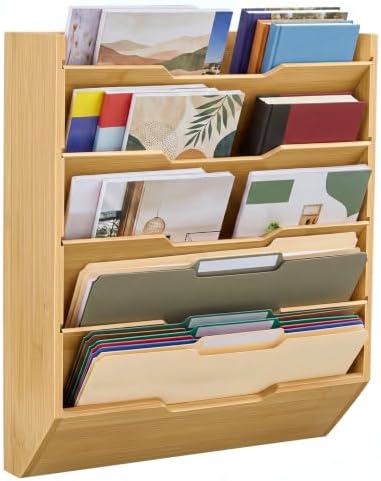 Yeaqee Hanging Wall File Organizer 15" x 12.6" x 3.9" Natural Bamboo 5 Tier by Yeaqee