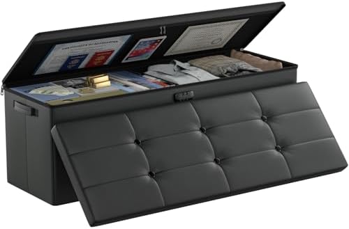 DocSafe Storage Ottoman Bench,Fireproof＆Waterproof Folding Bench with Lock(15”x 43”x15”),Leather Storage Chest with Handles＆2 Extra Boxes,Ottoman Safe for Bedroom,Living Room,Home Office,Black by DocSafe