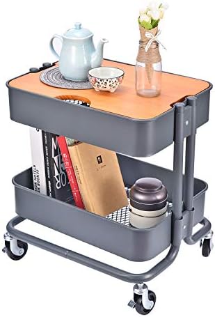 Melody House 2-Tier Metal Utility Rolling Cart Storage Side End Table with Cover Board for Office Home Kitchen Organization, Dark Gray by MelodyHouse