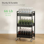 Nunsino 3 Tier Rolling Cart,Utility Cart with Locking Wheels, Hanging Cups & Hooks, Heavy Duty Metal Storage Organizer Cart for Kitchen,Office, Bathroom,Craft Room,Black - Image 6