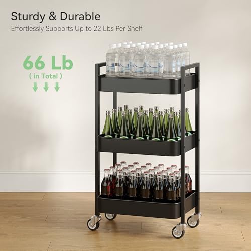 Nunsino 3 Tier Rolling Cart,Utility Cart with Locking Wheels, Hanging Cups & Hooks, Heavy Duty Metal Storage Organizer Cart for Kitchen,Office, Bathroom,Craft Room,Black - Image 6