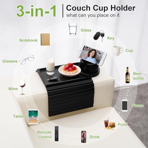 Couch Cup Holder Tray - 3 in 1 Sofa Arm Tray with 360° Rotating Cup Holder & Phone Stand,Fits Various Couches Arm Widths - Anti-Slip Foldable Couch Arm Tray for Snacks, Cellphone Remote - Image 6