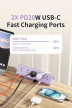 AnnTane Desk Clamp Power Strip USBC, 40W Fast Charging, 6.5 Ft, Purple - Image 4
