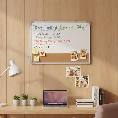 Lincia 1 Set Whiteboard Dry Erase Cork Board Combo, 24" x 18" White Board with 1 Magnetic Dry Eraser, 8 Markers, 4 Magnets, 5 Cork Pegs and 2 Red-Tailed Screw for Office, Home, School, Office Desk - Image 4