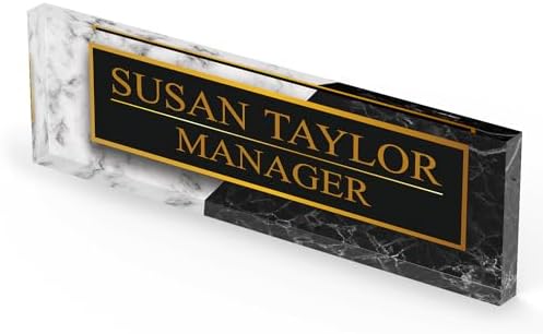 Artblox Personalized Office Desk Name Plate and Business Card Holder | Clear Acrylic Glass with Teak Wood Stand | Black White Marble Design Customized with Your Name and Credentials Office Desk Decor - Image 4