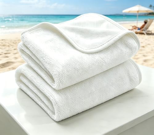 White Dual-Sided Microfiber Bath Towel, 2 Pack 48"x24" Ultra Absorbent Quick Dry Pool Towel, Exfoliating Body Cloth for Dead Skin & Sunscreen Removal, Lint-Free Reusable Shower Towel for Pool, Beach by Ecopandy