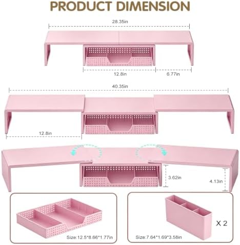 LEKETREE Dual Monitor Stand Riser with Drawer and 2 Pen Holders, Pink - Image 7
