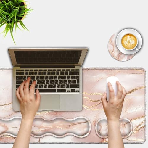 Mouse Pad Set,(31.5×11.8 in) Desk Pad + Keyboard Wrist Rest Support + Mouse Wrist Rest + Coaster for Office,Home,Computer,Laptop - 4 Rose Gold Marble - Image 2