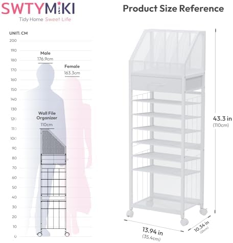 SWTYMIKI 9-Tier Rolling File Cart - Paper Organizer with Drawer and Trays, Wood Desk Office Organizer, Office Organization and Binder Storage for Workspace, Home, School, White - Image 3