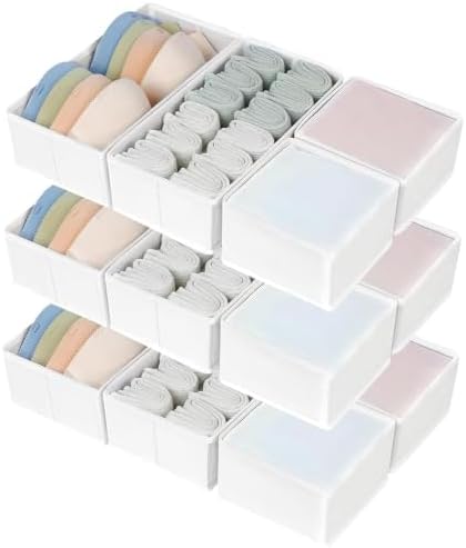 DIMJ Drawer Organizers Clothes, Set of 12 Dresser Organizer Bins, Fabric Closet Organizers and Storage, Shallow Drawer Dividers for Nursery, Clothing, Baby Clothes, Socks, Underwears, Tie (White) by DiMJ
