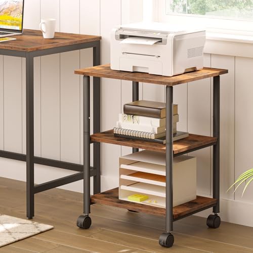 HOOBRO Printer Stand, 3-Tier Industrial Under Desk Printer Cart with Shelf, Mobile Heavy Duty Storage Rack on Wheels for Home, Office Rustic Brown and Black BF03PS01G1 - Image 3