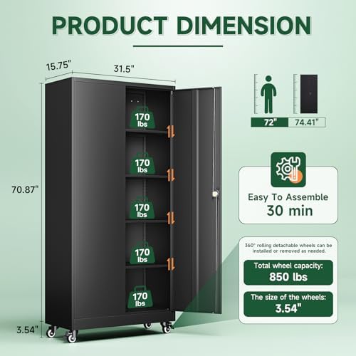 Letaya Metal Garage Storage Cabinets with Wheels,Steel Tool Cabinets Lock Door and Adjustable Shelves for Home,Office,Warehouse Organisieren (Black, 75" H) (Pack of 2) - Image 3