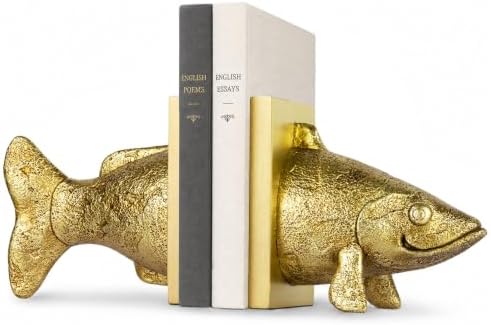 Fish Bookends for Shelves, Decorative Resin Fish Book Ends with Hand-Painted Finish, Heavy Duty Non-Slip Bookends for Bookshelves, Desk Decor for Home Office (Gold) by MXARLTR