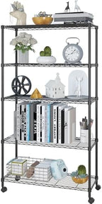 5 Tier Storage Racks Shelving, Heavy Steel Pantry Shelves, Adjustable Wire Shelving Rack with Wheels, Suitable for Garage, Kitchen, Bathroom, Office, 35" W x 14" D x 65" H, Black by Unknown