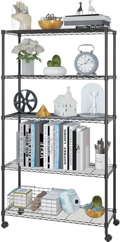 5 Tier Storage Racks Shelving, Heavy Steel Pantry Shelves, Adjustable Wire Shelving Rack with Wheels, Suitable for Garage, Kitchen, Bathroom, Office, 35" W x 14" D x 65" H, Black by Unknown
