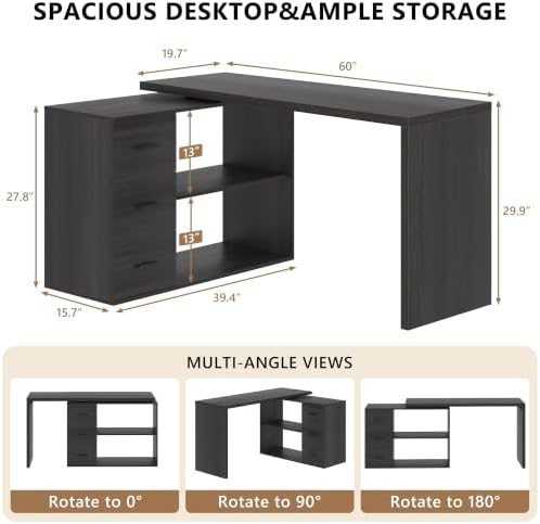 HSH 60 inch Rustic L Shaped Computer Corner Desk with 3 Storage Drawers - Image 2