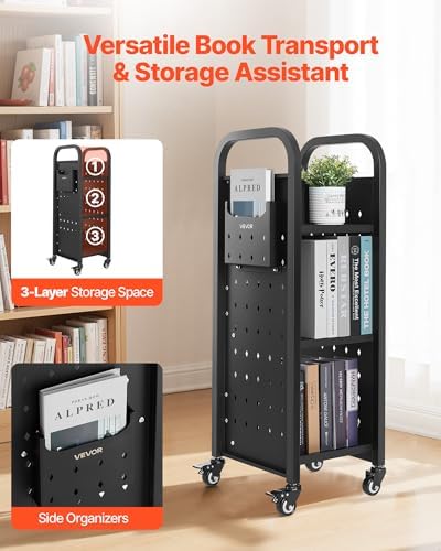 VEVOR Rolling Library Book Cart, 220 lbs Capacity, 12.6 x 13.8 x 36.8-Inch Library Cart, Single Sided L-Shaped Shelves with 2-Inch Lockable Wheels, Book Truck for Home Shelves Office and School, Black - Image 2