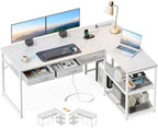 AODK 53 Inch L Shaped Computer Desk with Drawers, Corner Desk with Power Outlets & Reversible Storage Shelves, for Home Office Gaming, White by AODK