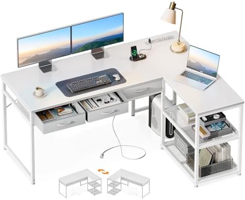 AODK 53 Inch L Shaped Computer Desk with Drawers, Corner Desk with Power Outlets & Reversible Storage Shelves, for Home Office Gaming, White by AODK