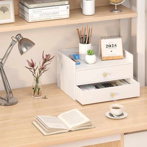 Wisuce Bamboo Desk Organizer with Drawers for Tabletop Storage (White with 2 Drawers) - Image 5