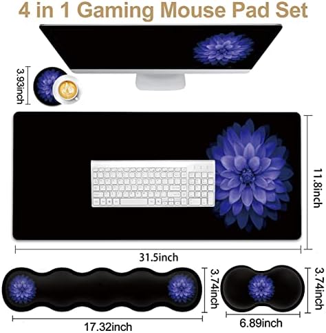 Ergonomic Mouse Pad Set, Desk Mat(31.5×11.8 in) + Keyboard Wrist Rest Support + Mouse Wrist Rest + Coasters for Office,Home,Computer,Laptop -Purple Flowers Cute Black Gaming Large Mousepads XXL - Image 2