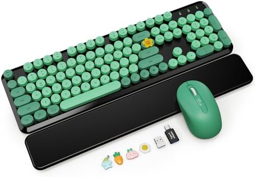 Wireless Keyboard Mouse, Magnetic Wrist Rest, Round Keycaps, Green & Black by SABLUTE
