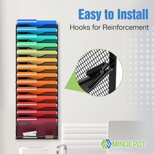 MINDEPOT 15 Tier Wall File Holder Hanging Wall Mount Paper File Organizer for Mails Folders Document Magazine Organization, for Office School Home, Black - Image 6