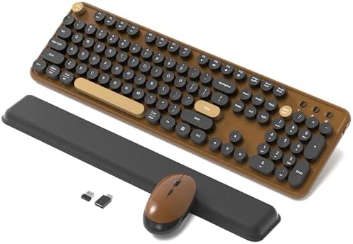 Retro Wireless Keyboard and Mouse Combo with Wrist Rest (Coffee) by COVEVA